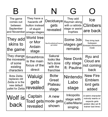 Smash 5 Bingo Card