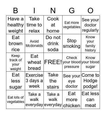 Protect Against Diabetes! Bingo Card