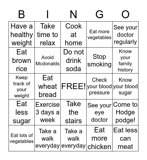 Protect Against Diabetes! Bingo Card