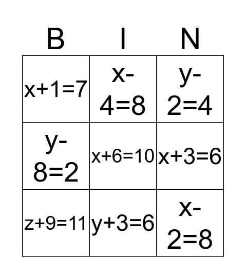 One Step Equations Bingo Card