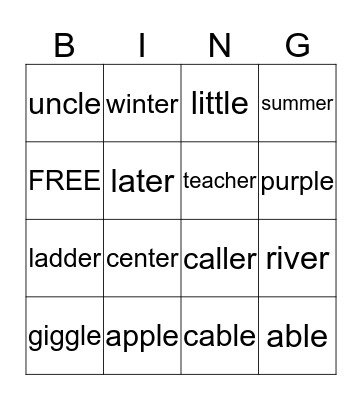 words ending in le or er Bingo Card