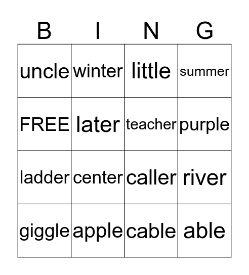 words ending in le or er Bingo Card