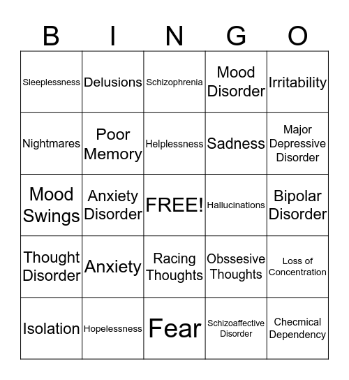 Symptoms of Mental Illness Bingo Card