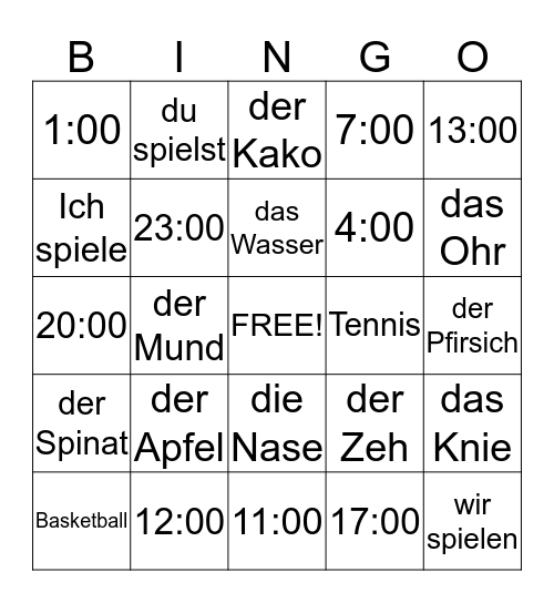 Deutsch I/II Bingo Card