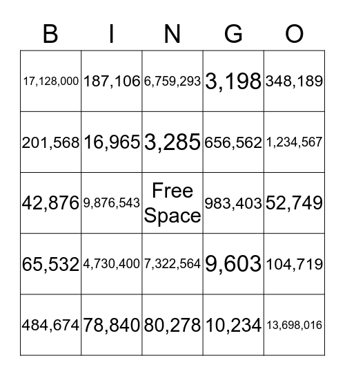 Large Number BINGO Card