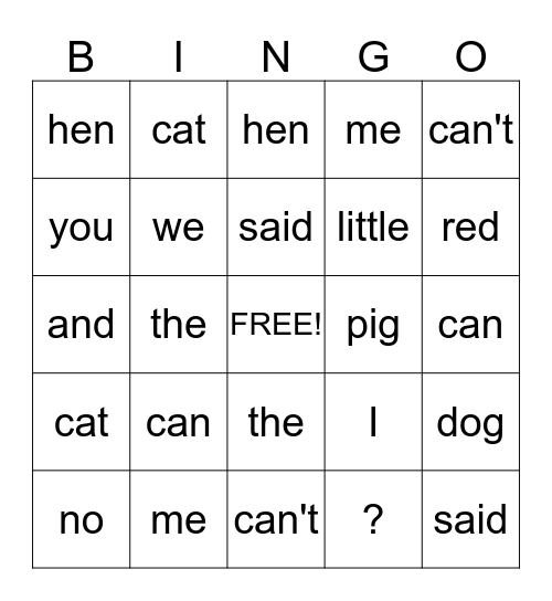 Little Red Hen Bingo Card