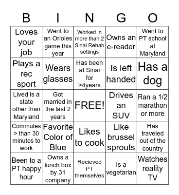 Physical Therapy Month Bingo Card