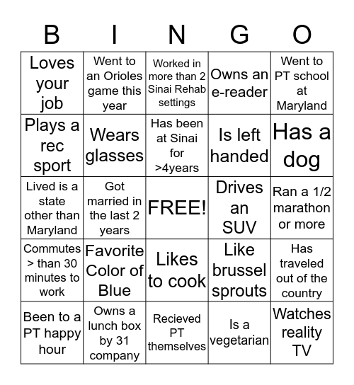 Physical Therapy Month Bingo Card