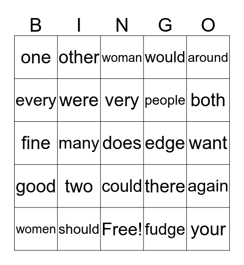 Sight Word Bingo Card