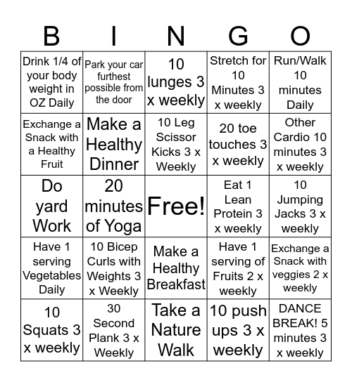 Exercise Bingo Card