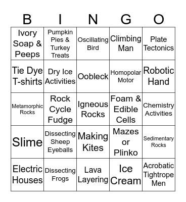 Hands-on Science Fun! Bingo Card