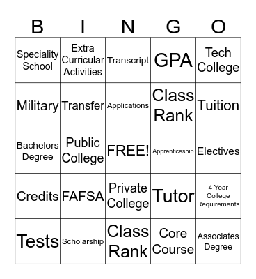 Post Secondary Bingo Card