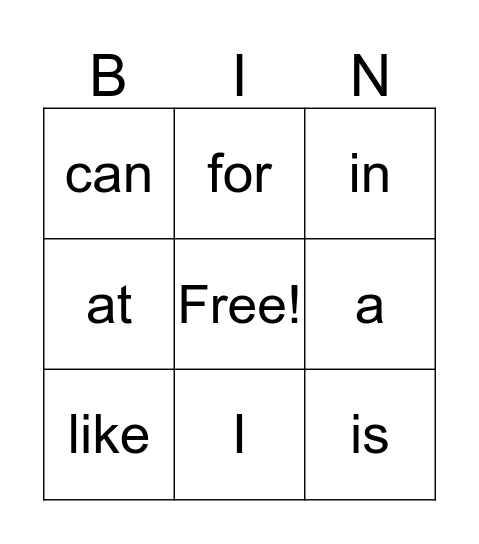 sight words Bingo Card
