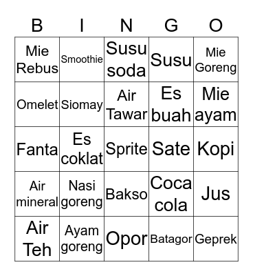 Food and Drink Bingo Card