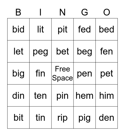 Short e and i Bingo Card