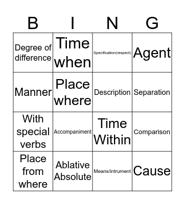 Ablative Latin Bing Bingo Card
