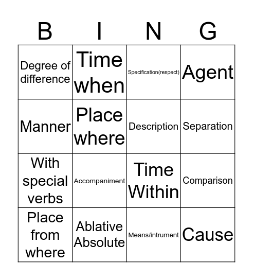 Ablative Latin Bing Bingo Card