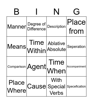 Ablatives Bingo Card