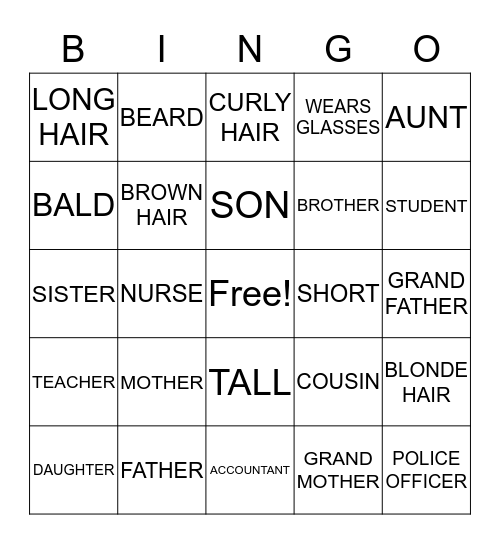 Describing Family Bingo Card