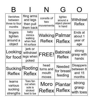 Newborn Reflexes Bingo Card