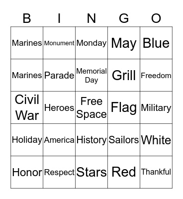 Memorial Day Bingo Card