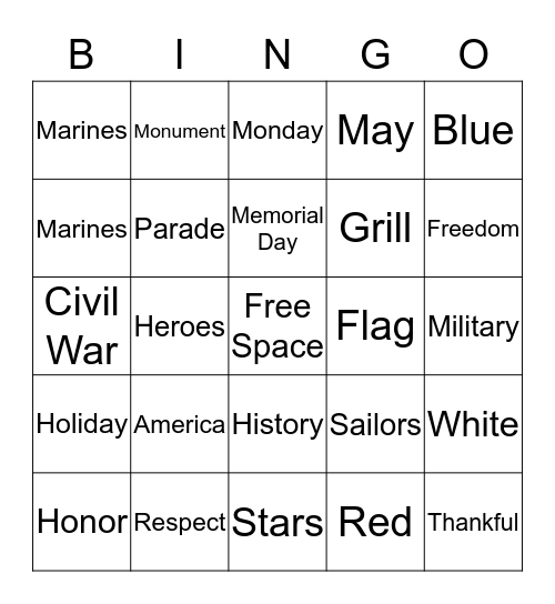 Memorial Day Bingo Card