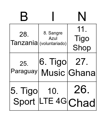 Tigo Bingo Card