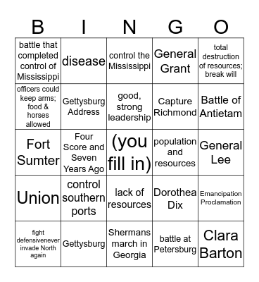 Civil War Bingo Card