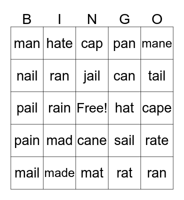 Short A /Long A Sounds Bingo Card