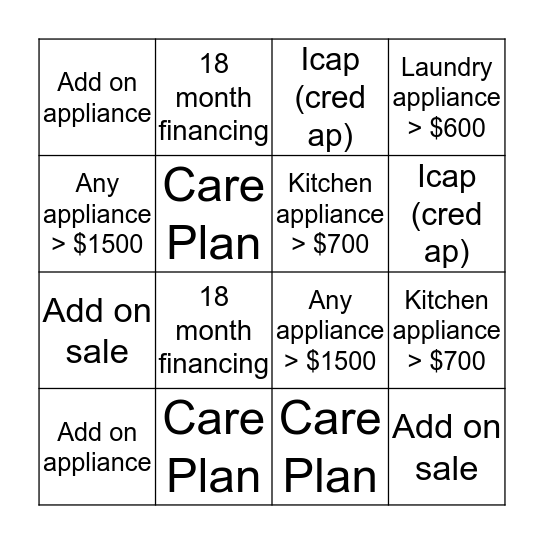 APPLIANCES: Room by Room Event Bingo Card
