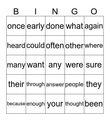 Sight Words Bingo Card