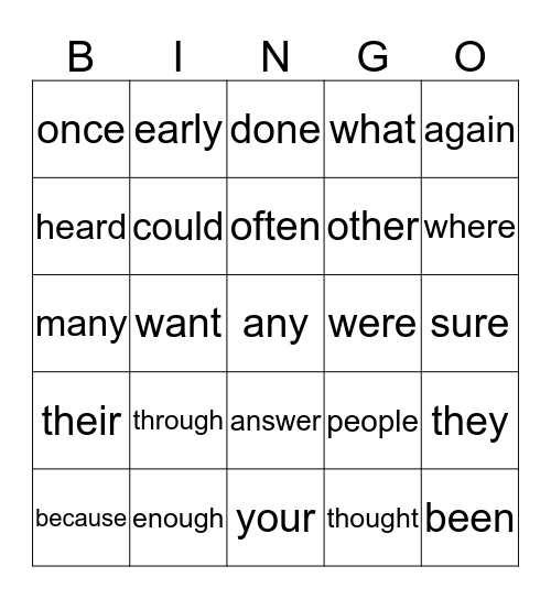 Sight Words Bingo Card