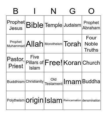World Religions Bingo Card