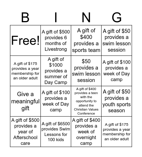 YMCA Bingo for a CAUSE Bingo Card