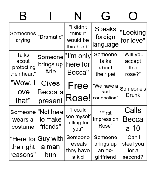 The Bachelorette Bingo Card