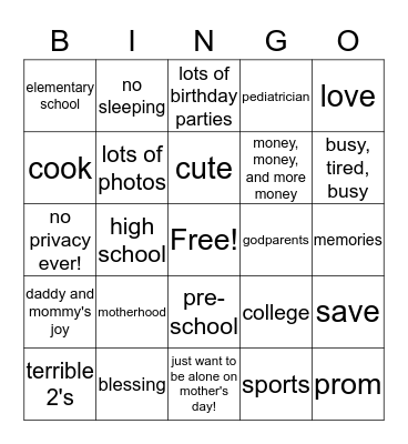 Being A Mum Bingo Card