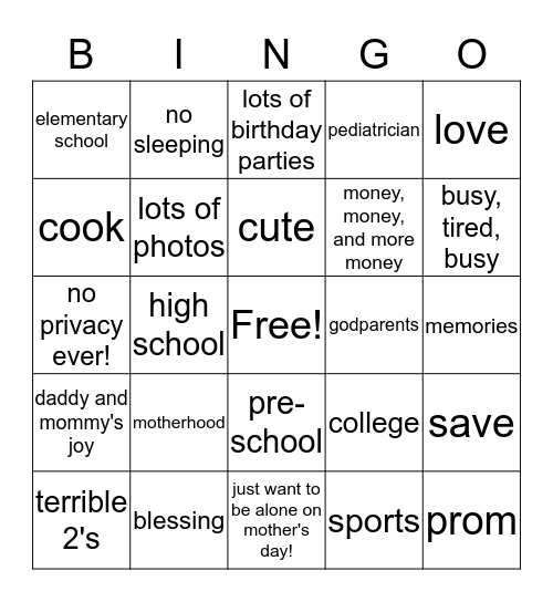 Being A Mum Bingo Card