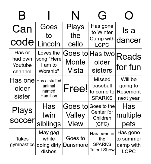 SPARKS BINGO Card