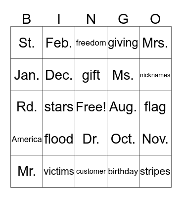 ELA Bingo Card