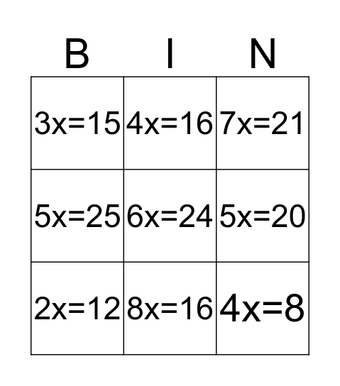 One Step Equations Bingo Card