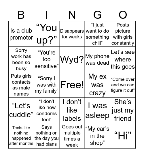 Fuckboy Bingo Card