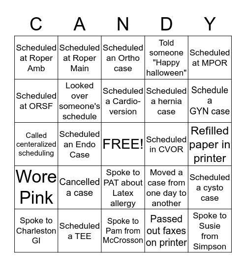 OR Scheduling Halloween Bingo Card