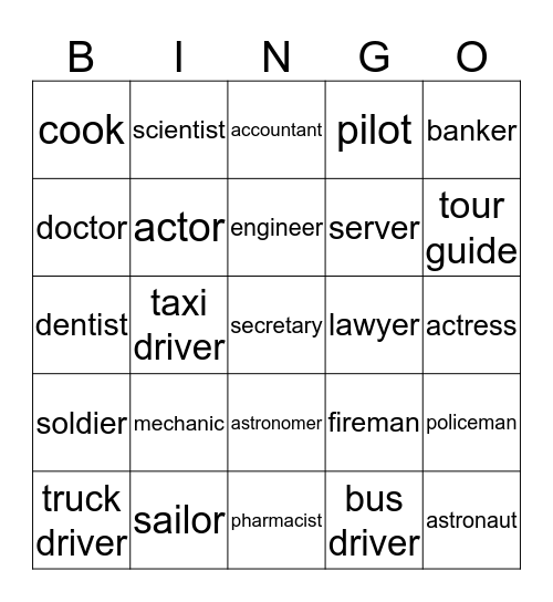 Future Tense - Occupations Bingo Card