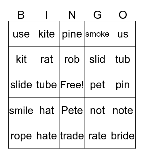 "Silent E" Bingo Card