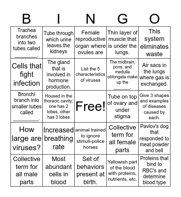 Bio II Review Bingo Card