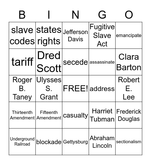 Civil War Bingo Card