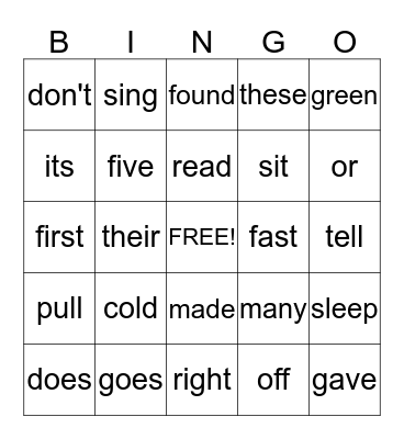 sight words #7 Bingo Card