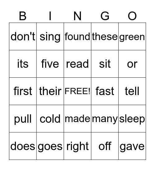 sight words #7 Bingo Card
