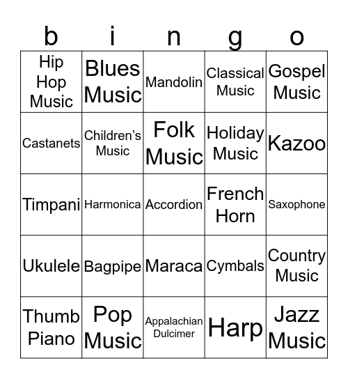 music bingo Card