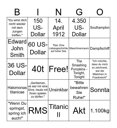 TITANIC Bingo Card